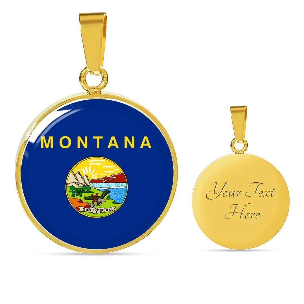 Montana State Flag Personalized Engraved Gold Circle Necklace Custom Name Date